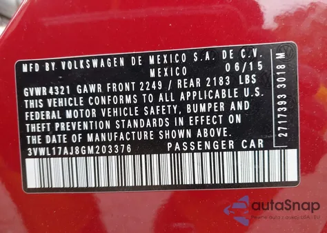 2016 Volkswagen Jetta 1.8T Sel from USA, damaged, VIN 3VWL17AJ8GM203376